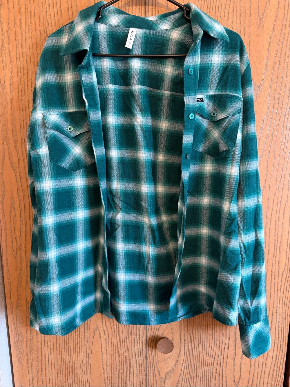RVCA Women’s Teal Plaid Flannel Button-Up Shirt - Picture 2 of 8